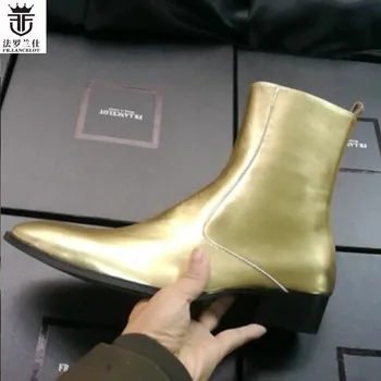2019 FR.LANCELOT Brand de Aur Strălucitoare Brevet Piele cu Fermoar Lateral de Sus Ridicat Bărbați Cizme Chelsea Cizme Balerini Pantofi Barbati