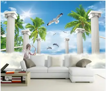 3d picturi murale de fundal de pe Litoral copac de nucă de cocos delfin înger peisaj living home decor personalizat fotografie tapet pentru pereți 3 d