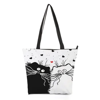 desene animate pisica sac eco geantă de cumpărături mare tote shouder geanta femei Casual Caractere mari de imprimare totes genți de mână de panza 44.5x35cm mare