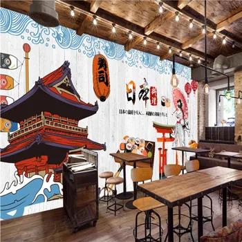 Doamnă japoneză sushi murale 3D tapet alb din lemn scândură de fundal de hârtie de perete restaurant industriale decor papel de parede 3D