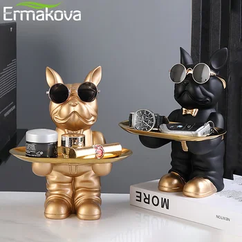 ERMAKOVA Nordic Bulldog francez Sculptura Câine Figurina Statuie Cheie Bijuterii de Depozitare Decor de Masă Cadou Cu Ochelari
