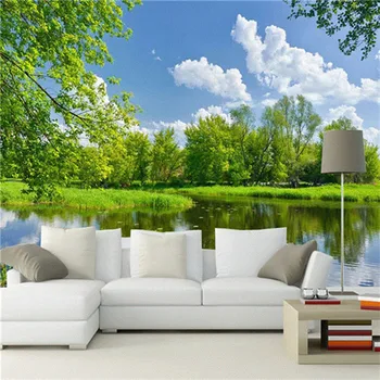 Garden 3D tapet peisaje naturale murală canapea camera de zi TV de perete de fundal cerul albastru nori albi lemn verde râu, reflecție