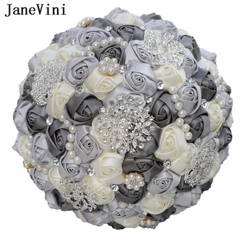 JaneVini Gri Argintiu 30cm Perla Buchet de Mireasa Ivory Satin Trandafiri Flori Artificiale Cristal Brosa Mireasa Buchete Accesorii