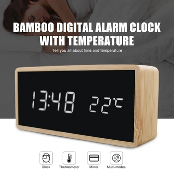 Original din Lemn de Bambus Ceas Deșteptător LED Cu Oglinda Temperatura Ceas Digital Desktop Ceas de Masa Digital