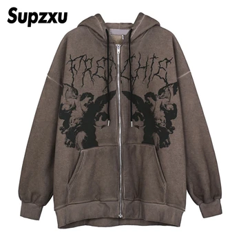Supzxu Fleece Jachete Cu Gluga Streetwear Casual Graffiti Înger De Imprimare Scrisoare Broderie Harajuku Hip Hop Bărbați Haina Topuri Uza