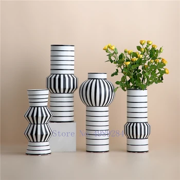 Vaza ceramica Neagra Dungi Albe și Geometrie Abstractă Aranjament de Flori Sere de Flori Vaza Decorațiuni interioare Moderne Vaze