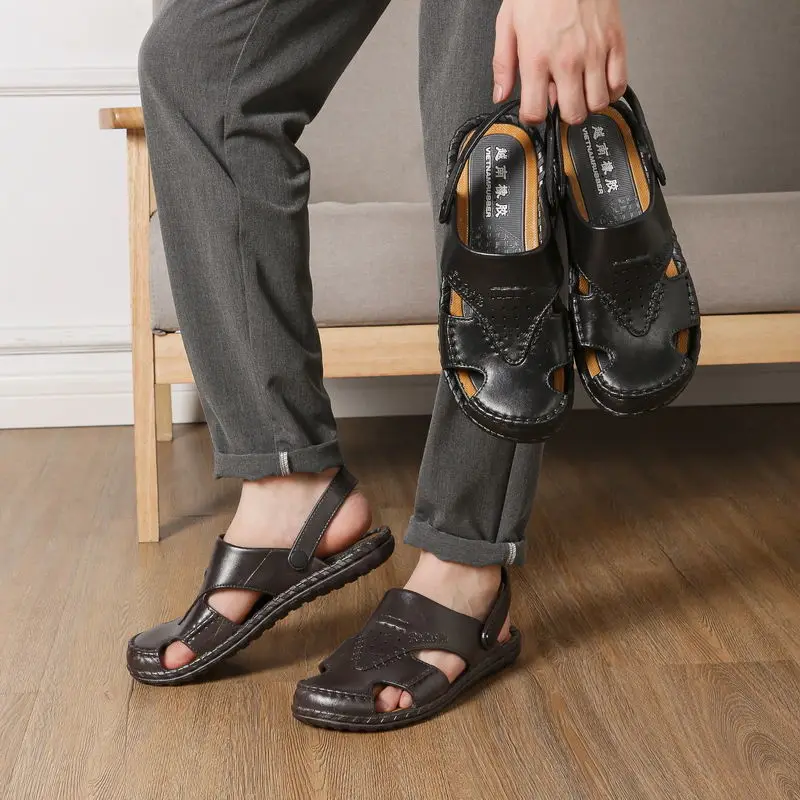 De înaltă Calitate Moda Barbati Sandale Nou Respirabil cu Dublă utilizare din Piele Sandale Casual Toe Cap Munca de Sport Slide-uri pentru Bărbați 4
